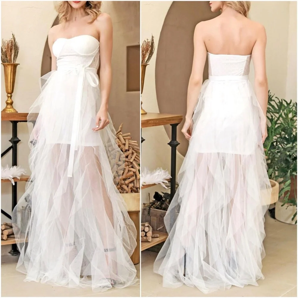 Boho Nude Pink mesh ruffle maxi dress wedding Prom - Picture 4 of 8